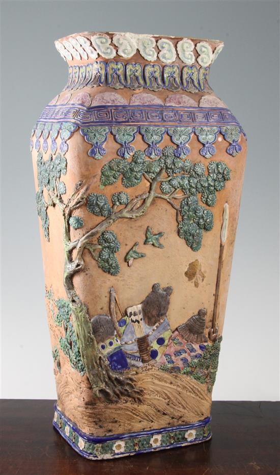 A large Chinese colour tinted pottery rectangular baluster vase, early 20th century, 42cm, slight restorations